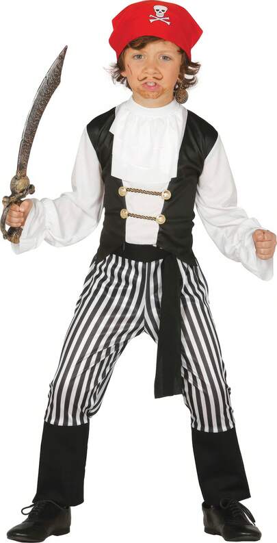 KIWI Disfraz de Bucanero para Niños, Disfraz Completo Divertido con Pañuelo Rojo con Calavera, Camisa, Chaleco y Pantalón a Rayas, Ideal para Carnaval y Halloween
