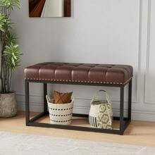 36" Vintage Upholstered Bench With Button Tufted Faux Leather Seat, Industrial Metal Frame Dining Bench For Entryway, Bedroom, Living Room, Or End Of Bed - Brown - View 3