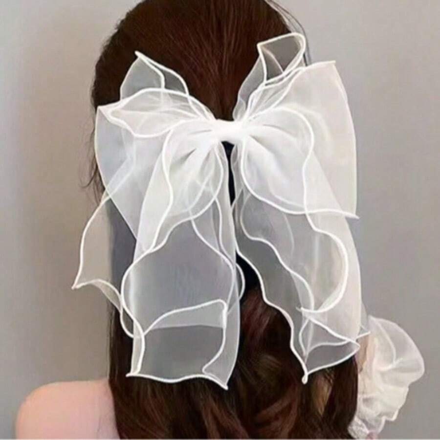 1 buah Jepit Rambut Pita Berumbai Organza - Putih - View 1