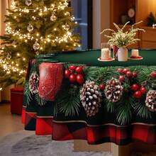 1pc Round Christmas Tablecloth With Plaid And Wreath Pattern, Decorated With Pinecones And Berries, Ideal For Christmas Party - A - View 4