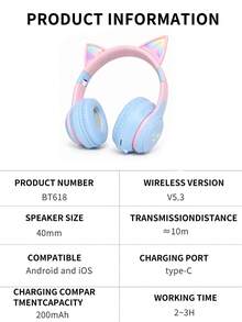 Headphone Bluetooth Nirkabel Bentuk Telinga Kucing Lucu dengan Lampu LED, Headset Lipat dan Dapat Diatur, Earphone Over-Ear Nyaman untuk Anak Perempuan, Kompatibel dengan iOS/Android untuk Bermain Game/Kelas Online - View 9