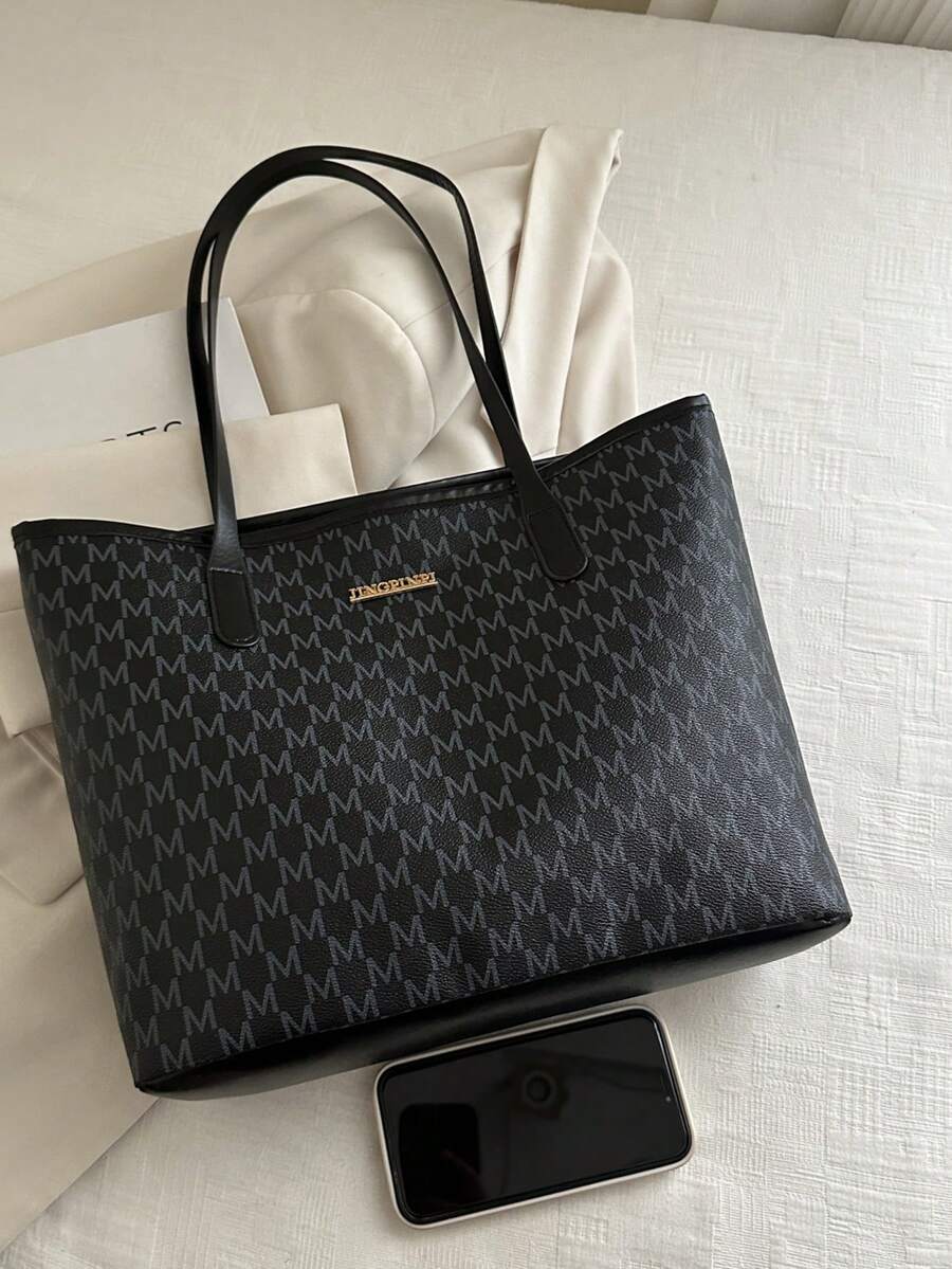 Men's Letter Print Tote Bag, Large Capacity Business Shoulder Bag, Classic Pattern Commuter Office Handbag, Suitable For Daily Commute And Travel - Black - View 1