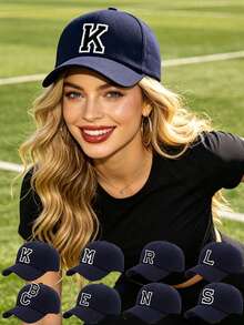 1Pc Unisex A-Z Letter Baseball Cap, Adjustable Outdoor Sun Protection Casual Hat, Suitable For Spring, Summer Traveling, Beach Party - Navy Blue - View 3