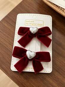 2pcs Vintage Burgundy Velvet Bow Hair Clips, Heart Pearl Decor Alligator Hair Clip Set, Sweet Style Side Hair Styling Hair Accessories - Multicolor - View 5