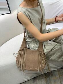 Women Hobo Crossbody Shoulder Bag,Curved Crescent Shape Suede Leather Fringe Tassel Silver Rivet,Adjustable Strap Bohemian Style Daily Travel - Multicolor - View 9