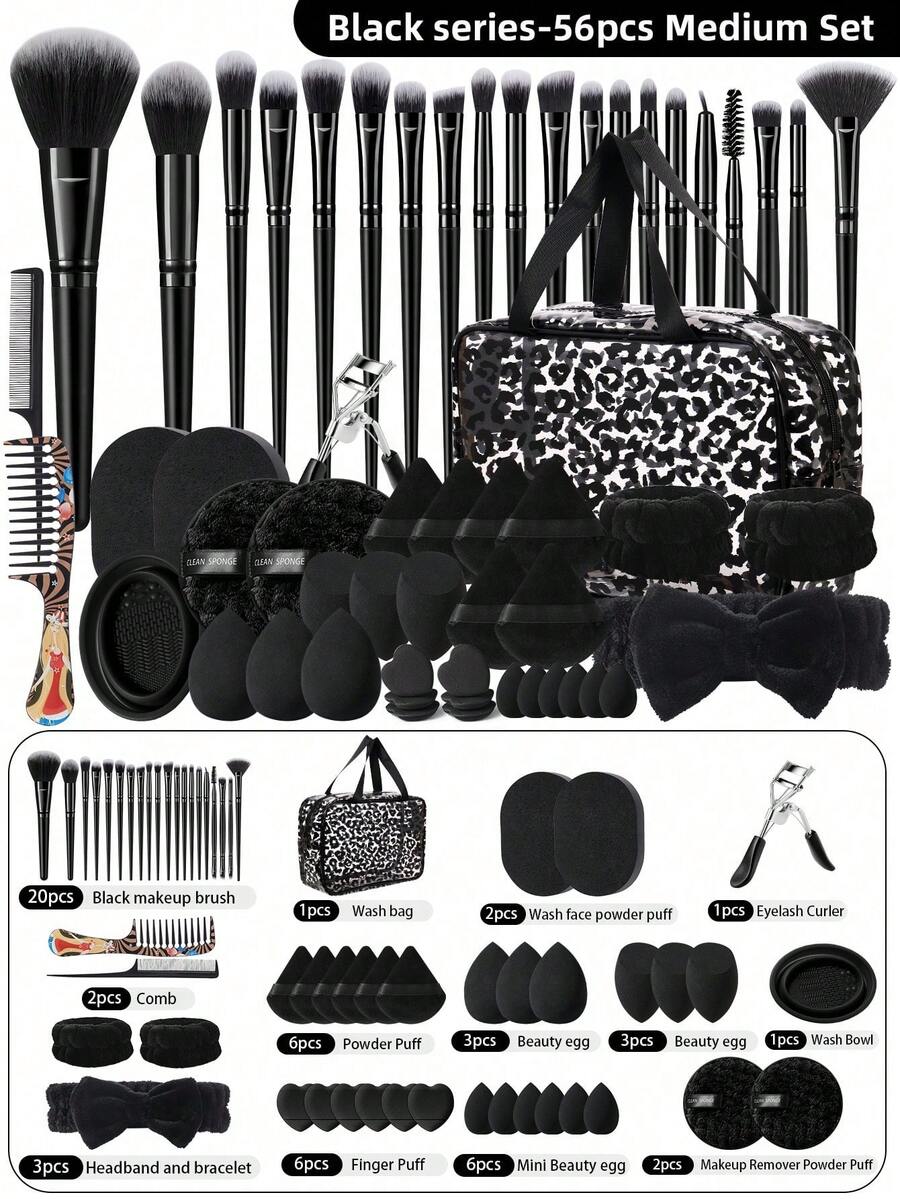 56pcs Ultra Soft Premium Synthetic Hair Makeup Brush Set, Multi-Function Makeup Brushes Including Foundation Brush, Powder Brush, Blush Brush, Concealer Brush, Highlighter Brush, Eyebrow Brush, Eyeshadow Brush, Full Face Daily Makeup Tools - Black - View 1