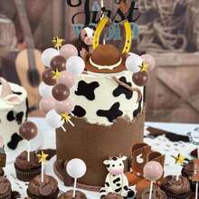 1 Set Denim Rodeo Cake Decorations, Western Cowboy Cake Decor With Cowboy Hat, Boots, Gold Five-Pointed Star, White And Brown Foam Balls, Gold Horseshoe Decor, Suitable For Baptism, First Rodeo, Birthday Party And Cowboy Theme Party Cake Decoration - Multicolor - View 5
