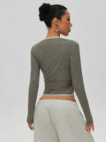 Women's Waist-Cinching Contrast Color Lace Patchwork Slim Fit Tight Vacation Style Sports T-Shirt - Grey - View 2