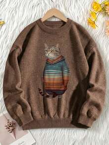 Women's Plus Size Brown Sweater, Cat Print, Autumn/Winter Long Sleeve Crew Neck Pullover - Brown - View 3