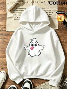 2026 Autumn/Winter Custom Loose White Hooded Sweatshirt For Girls, Cartoon Ghost Print, Casual Cute Style - White - View 3