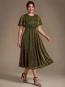 EVERPRETTY Robe midi pour invitée de mariage d'automne pour femmes avec fil métallique scintillant, manches volantées, taille A-line, robes pour la mère de la mariée - Doré - Voir 5