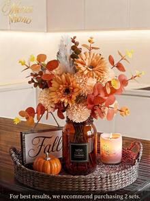 1 Bunch Artificial Flowers Mixed Silk Dandelion Eucalyptus Chrysanthemum Flower Bouquets Fake Flowers For Fall Decor Home Wedding Room Decor Table Centerpieces, Valentine Day, Gift,Fall Decor,Autumn - Orange - View 1
