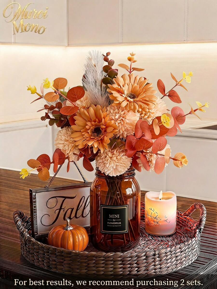 1 Bunch Artificial Flowers Mixed Silk Dandelion Eucalyptus Chrysanthemum Flower Bouquets Fake Flowers For Fall Decor Home Wedding Room Decor Table Centerpieces, Valentine Day, Gift,Fall Decor,Autumn - Orange - View 1