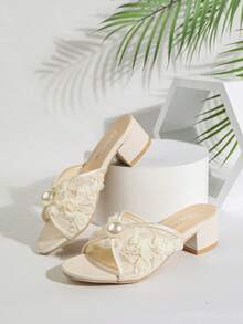1 Pair Women's High Heel Sandals Lace Flower Pearl Chunky Heel Slide Sandals Open Toe Mule Shoes Heel Height 4.5cm - Beige - View 7