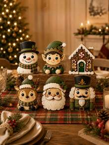 1/6pcs Vintage Christmas Figurines Set, Rustic Snowman Fairy Reindeer Santa Nutcracker & Gingerbread House Tabletop Decorations, Farmhouse Xmas Decor For Mantel, Shelf, Entryway, Bedside Table, Holiday Display & Winter Home - Multicolor - View 2