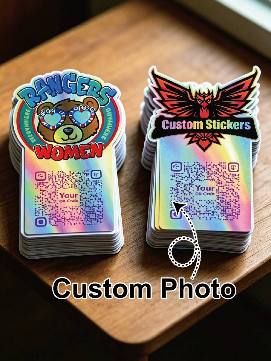 20-100pcs Stiker Logo Kode QR Kustom Bahan Putih/Holografik - Label Decal Tahan Air Mengkilap untuk Kemasan, Periklanan, Dekorasi, Pesta. Personalisasikan Stiker QR Merek Kustom Anda Sendiri (Vertikal) - Holografik - View 1