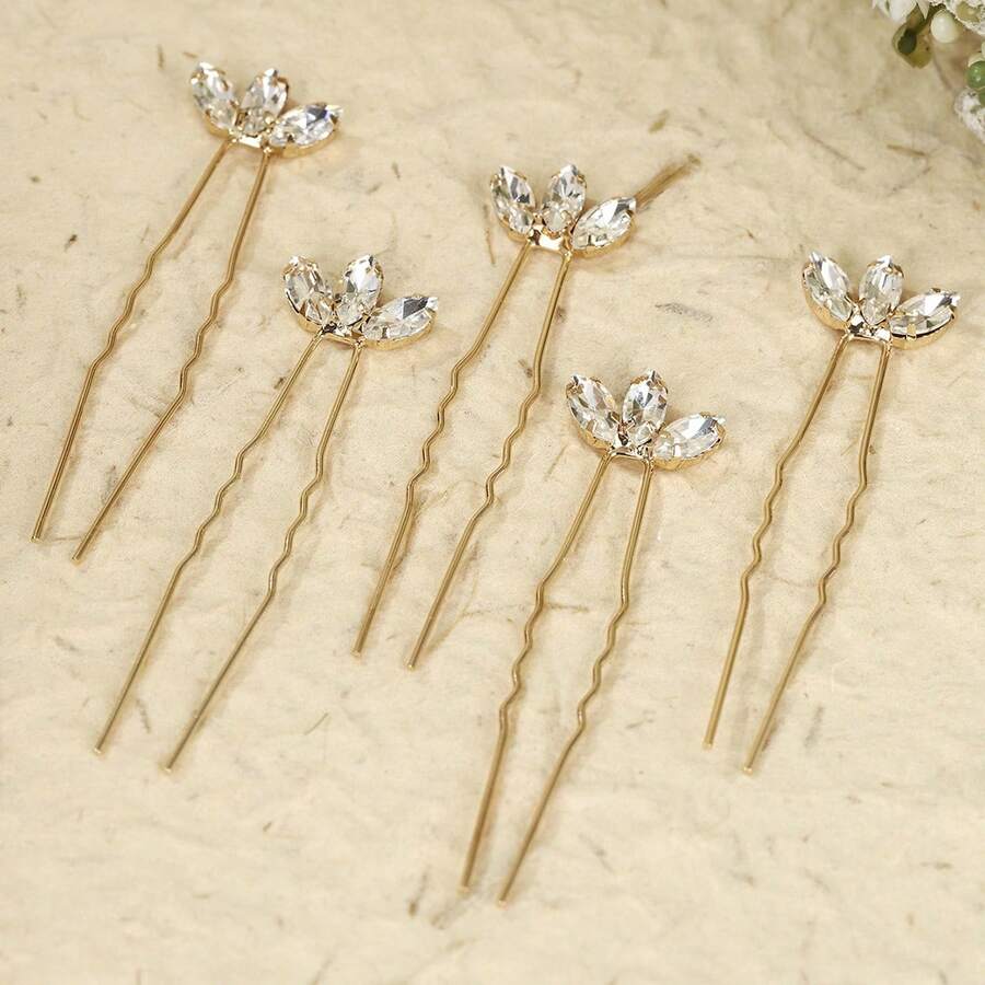 5pcs Women's Handmade White Glass Rhinestone Leaf Hair Fork Headpiece For Bride Wedding Party - Gold - View 1