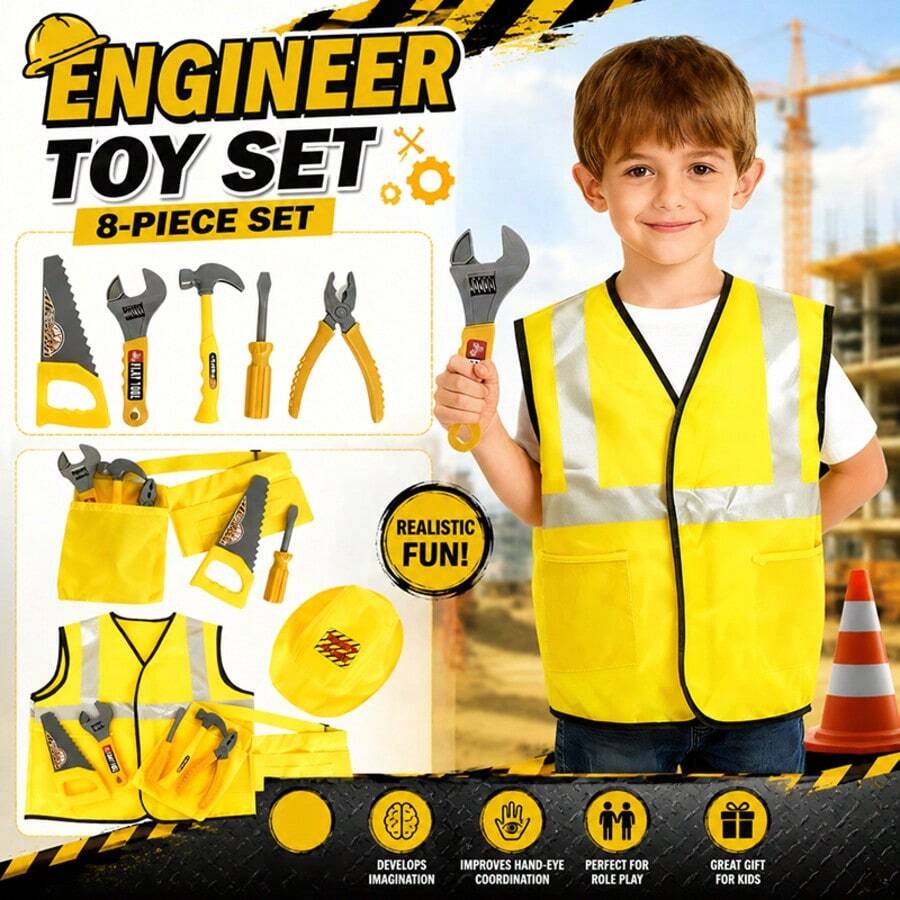 B.B.STUDY 8pcs Construction Role Play Toy Set, Children's Pretend Play Toy Set, Engineer Costume Props, Includes 5pcs Construction Props, Overalls, Hat And Belt, Ideal For Multiplayer Games, Parties, Holiday Dress-Up, Perfect Gift For Boys, Surprise Toy, Suitable For Birthday, Party, New Year, Back To School Season And Other Occasions.