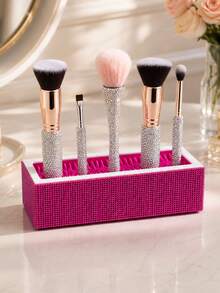Two-Tone, Multicolored Rhinestone Finish-Rectangular Makeup Brush Organizer-Cosmetics Storage Box With Adjustable Compartments For Makeup And Nail Care Tools-Ideal For Placement On A Bedroom Vanity Or Similar Settings - Multicolor - View 9