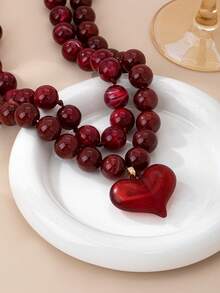 OABE 2pcs/Set Bohemian Style Round Bead Layered Necklace Set With Heart Pendant, Suitable For Women's Daily Wear, Holiday/Birthday Surprise Gift - Burgundy - View 4