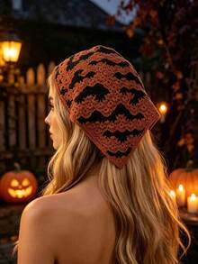 1pc Handmade Crochet Halloween Theme Headscarf, Fun Ghost & Eye Pattern, Tie-Up Triangle Hair Bandana, Party/Daily Versatile Hair Accessory - Multicolor - View 3