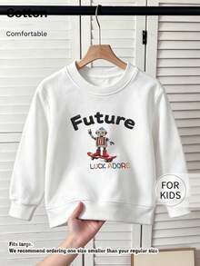 Tween Girl Round Neck Sweatshirt, Future Skateboard Robot Print Pure Cotton Pullover, Soft Casual Long Sleeve Top - White - View 1