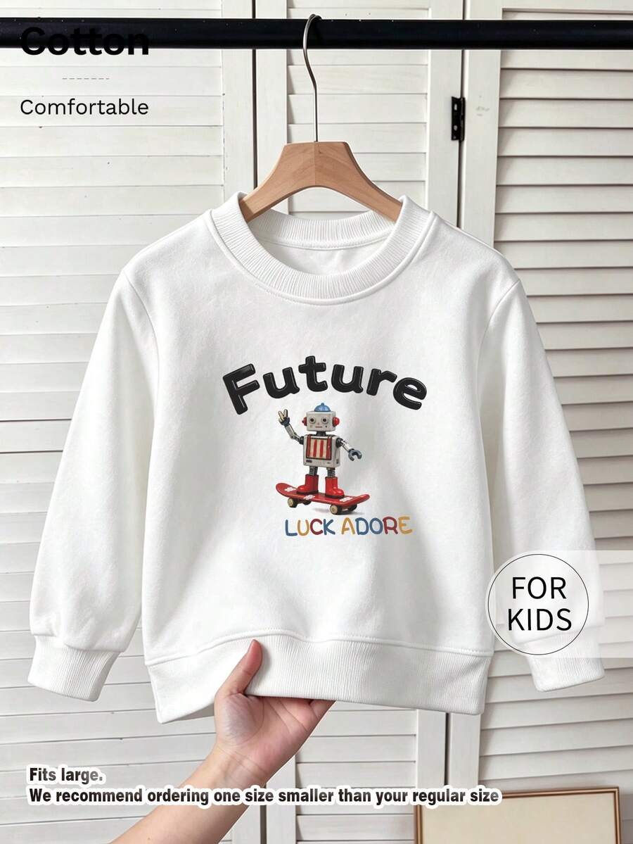Tween Girl Round Neck Sweatshirt, Future Skateboard Robot Print Pure Cotton Pullover, Soft Casual Long Sleeve Top - White - View 1