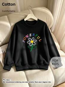 Children's Crew Neck Sweatshirt, Colorful Letter & Daisy Print Pure Cotton Pullover, Soft Casual Long Sleeve Top - Black - View 9