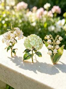 3pcs Fresh Light Green Floral Brooch Set, Lily Hydrangea Lily Of The Valley Design, Versatile Lapel Accessory For Coat Scarf Backpack, Daily Date Gift Item - A - View 7