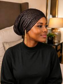 YPGVUO Elegant Glitter Fabric Drawstring Head Cover, Stylish Tassel Design Turban For Outing & Home Use, Unique Holiday Gift For Her - Multicolor - View 3