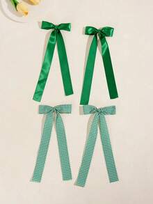 4Pcs Long Ribbon Hair Bow Clips For Women Satin & Plaid Gingham Bow Barrettes With Streamers Coquette Hair Accessories Hair Accessories Cutecore Fall - Multicolor - View 6