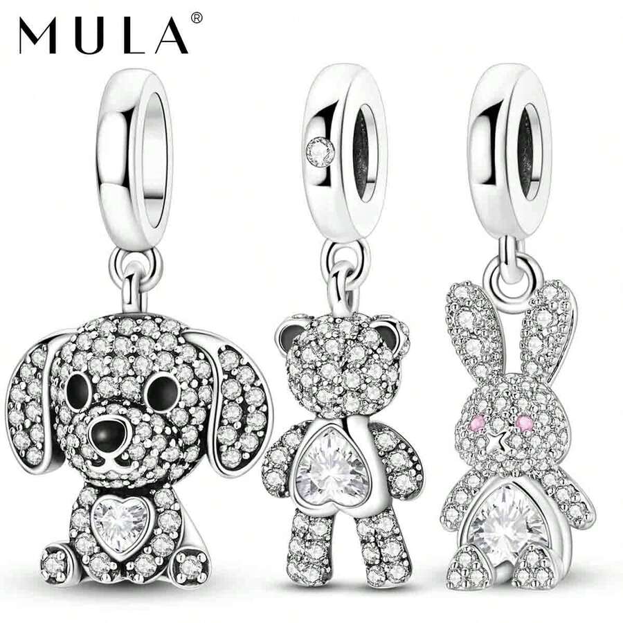1pc Silver Plated Sparkling Zirconia Bear Dog Rabbit Pendant, Suitable For Bracelet Necklace DIY Jewelry Making And Daily Wear - Silver - View 1