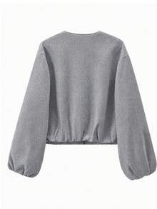 Women Solid Color Zip-Up Short Jacket With Pockets, Casual Long Sleeve Soft Bomber Jacket, Versatile Minimalist Design For Autumn/Winter Spring - Grey - View 3