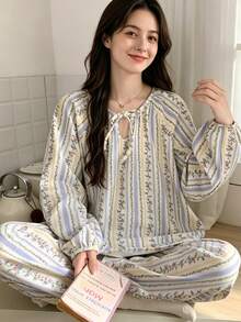 2pcs/Set Women's Pajamas Spring/Autumn Long Sleeve Long Pants Skin-Friendly Home Wear Floral Print Pullover Set - Multicolor - View 1