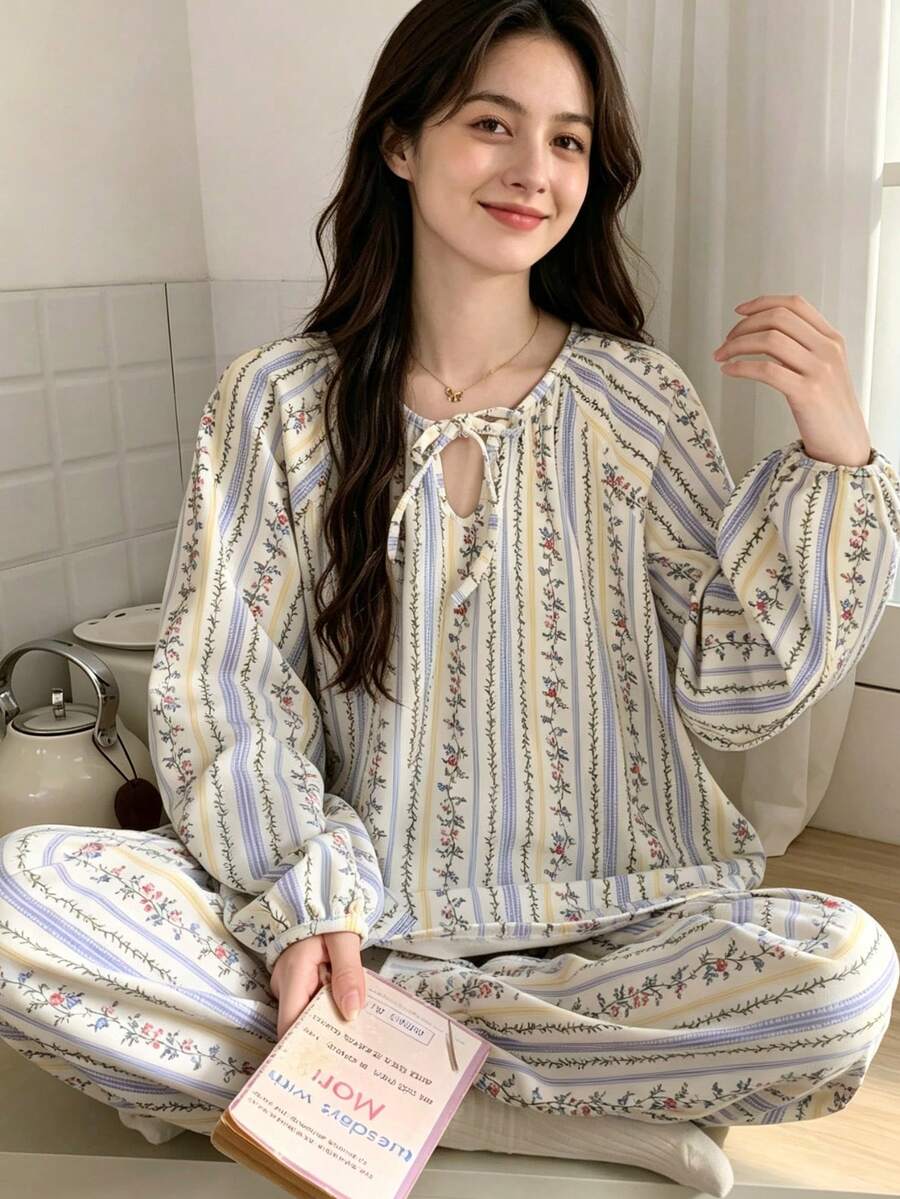 2pcs/Set Women's Pajamas Spring/Autumn Long Sleeve Long Pants Skin-Friendly Home Wear Floral Print Pullover Set - Multicolor - View 1