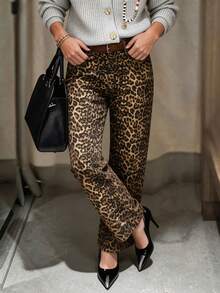 Celana Jeans Denim Wanita Kasual Motif Leopard Model Lurus Pinggang Tinggi Terbaru Musim Gugur/Dingin - Kuning - View 3
