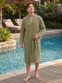 1pc Men's 100% Cotton Double Layer Gauze Casual Long Sleeve Bathrobe, Moisture-Wicking Quick-Dry Loungewear Sleepwear, Loose Fit Long Robe Suitable For Spring, Summer, Autumn - Olive Green - View 6