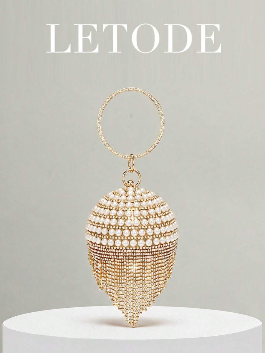 Mini Rhinestone Tassel Sphere Handbag Evening Clutch - Gold - View 1