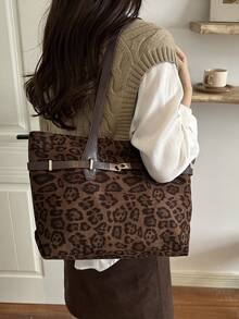 Tas Tote Wanita Motif Leopard Vintage, Dekorasi Gesper Logam Emas, Tas Tangan PU Kapasitas Besar, Cocok Untuk Kerja, Perjalanan, dan Perjalanan Sehari-hari. - Kopi - View 2