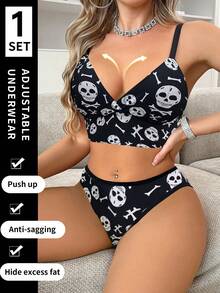 Halloween Print Design Women's Bra And Panty Set, Wireless Thin Sports Lingerie Set - Black - View 3