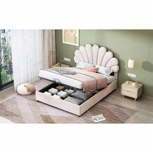 Polsterbett 140 x 200 cm, mit geblümtem Kopfteil und Lattenrost, mit höhenverstellbarem Kopfteil und hydraulischem Stauraum, Juniorbett doppelt, hautfreundlicher Samtstoff, Beige - Beige + Gepolstert - Übersicht 4