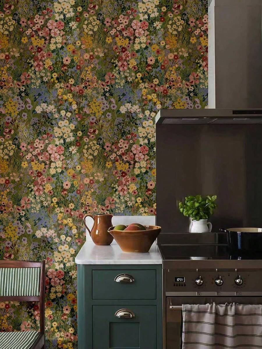 Floral Pattern Self-Adhesive Wallpaper, Bohemian Style Wallpaper, Removable Waterproof Green Petal Design, Suitable For Bedroom, Bathroom, Home Wall