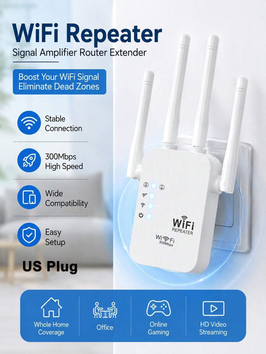 WiFi Repeater Signal Amplifier Router Extender Signal Booster Long Range Amplifier With Ethernet Port Dual Network Interface Internet Wireless Repeater For Home Cellular Communication Amplifier With Ethernet Port - US A Type Plug(110-127V) - View 1