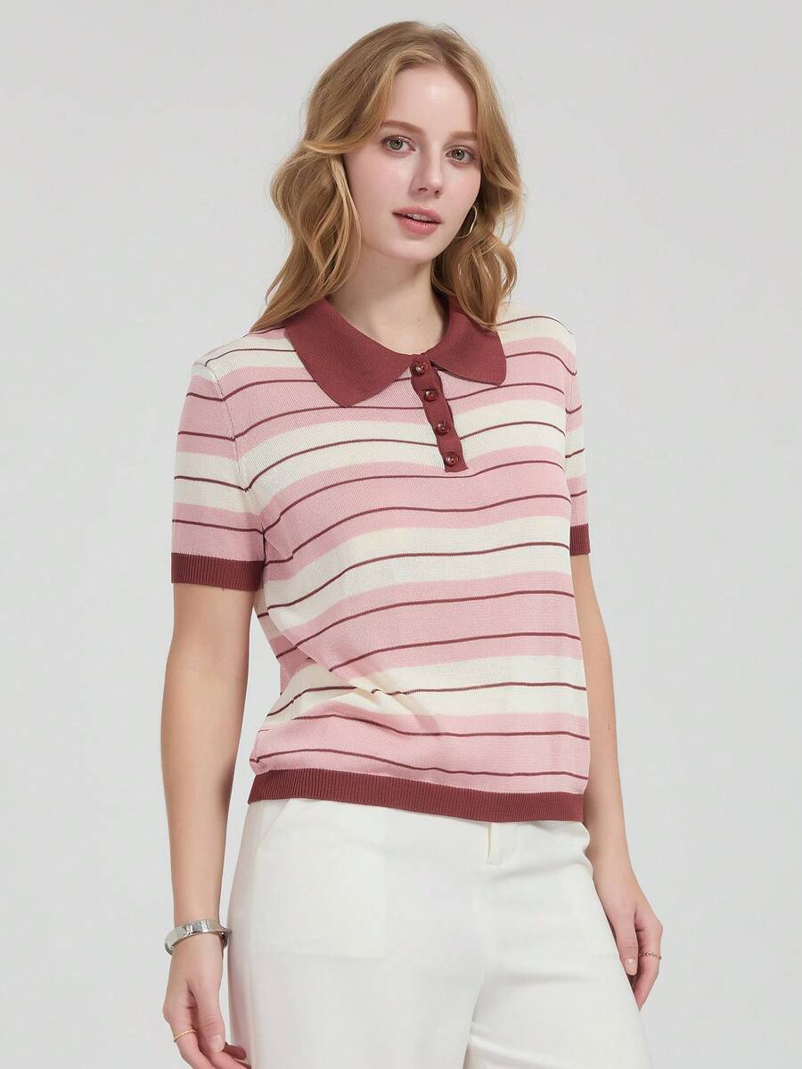 Atasan Rajut Lengan Pendek Berkerah dengan Kancing Setengah, Motif Garis Horizontal Warna Pink, Putih, dan Cokelat untuk Wanita, Cocok untuk Musim Gugur/Dingin (Pakaian Rajut Wanita) - MultiWarna - View 1