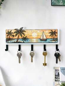 1Pc Wooden Coastal Beach‑Themed Key Rack, Wall Decor With Tropical Palm Tree & Sailboat Ocean Scenery Pattern, Multi‑Functional Wall‑Mounted Storage Organizer, Decorative Wall Hanger For Entryway, Bedroom, Hallway - View 1
