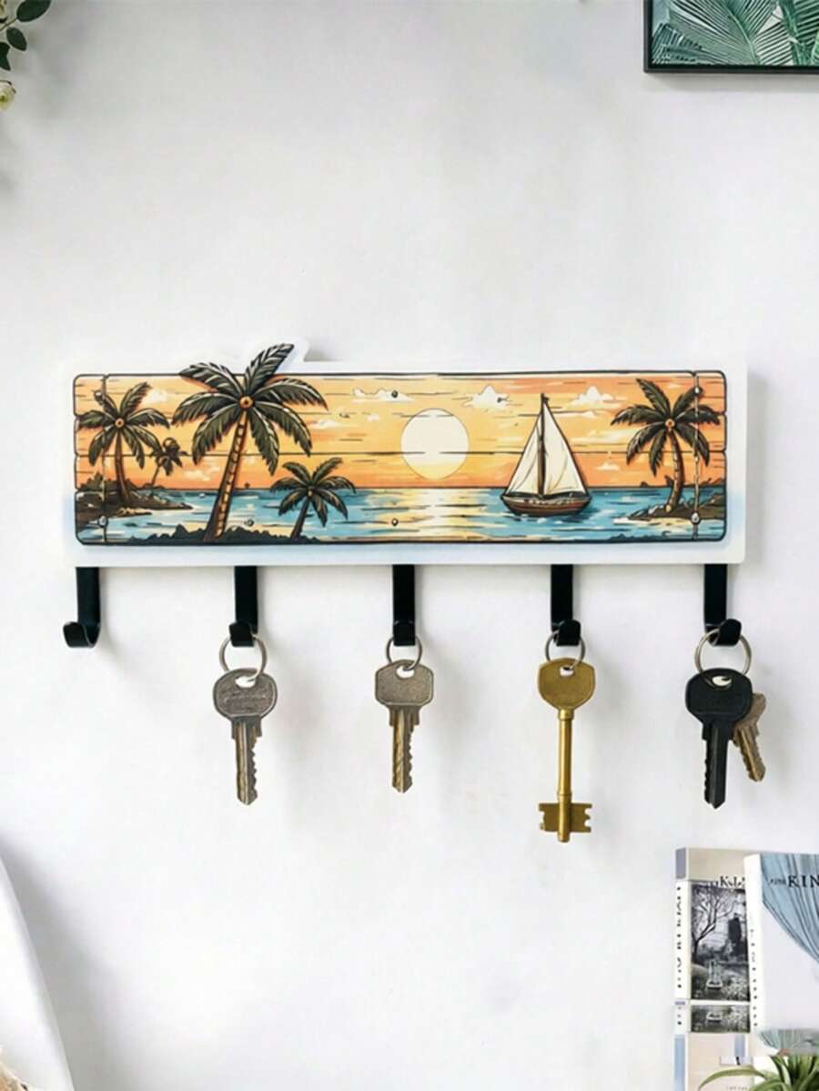 1Pc Wooden Coastal Beach‑Themed Key Rack, Wall Decor With Tropical Palm Tree & Sailboat Ocean Scenery Pattern, Multi‑Functional Wall‑Mounted Storage Organizer, Decorative Wall Hanger For Entryway, Bedroom, Hallway - View 1