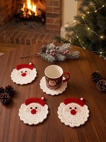 Cirelle Cute Santa Claus Knitted Coasters (With Red Hat Pom-Pom), Adorable Christmas Style Coaster Set, Winter Christmas Table Decor, Perfect For Holiday Kitchen Parties - Multiple Styles - View 3