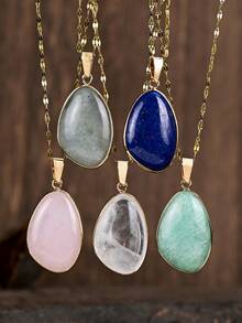 1pc Exquisite Natural Stone Pendant Necklace, Fashionable Gold Stainless Steel Chain, Celestite & Lapis Lazuli Pendant Choker - Multicolor - View 1