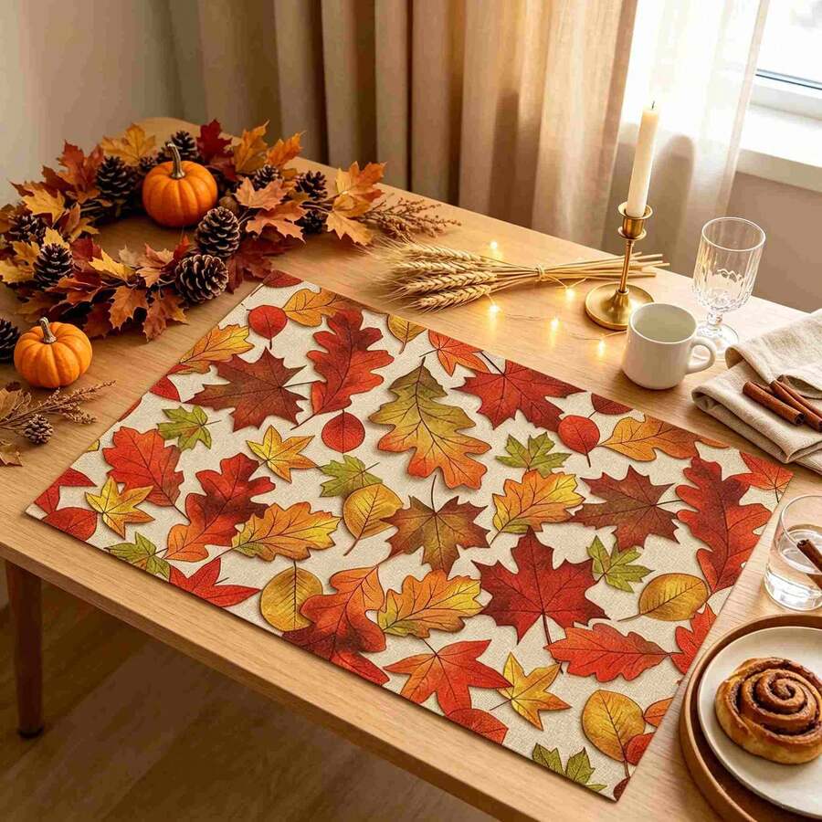 1/4/6pcs Autumn Series Colorful Oak Leaf Pattern Printed Placemats Suitable For Home Kitchen/Heat-Resistant Table Mat Kitchen Table Party Scene Decoration
