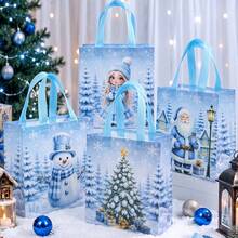 66/54pcs Reusable Non-Woven Fabric Tote Bags Christmas Theme - Snowman, Snow Lady & Christmas Tree Patterns With Sturdy Paperless Handles, Suitable For Christmas Party Decoration, Travel, Storage Gift Packaging (Blue) - View 1